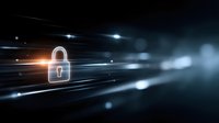 Digital cybersecurity concept with glowing padlock icon and light streaks on dark background for data protection and network security applications.