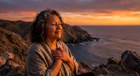 Mature Hispanic woman enjoying peaceful sunset moment on rocky coastline, hands on heart in gratitude pose, golden hour light creating warm atmospheric glow.