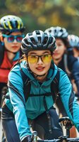 Young Asian woman cyclist in turquoise sportswear and protective helmet smiling while riding bicycle with group of cyclists in background during outdoor activity.