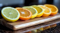 Fresh citrus fruit slices arranged in row on wooden cutting board, including orange and lemon halves with vibrant pulp, dramatic lighting and reflection.