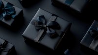 Elegant black gift boxes with luxurious navy blue satin bows arranged on dark background creating sophisticated premium holiday or special occasion composition.