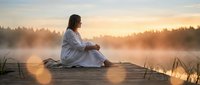 Peaceful woman in white robe meditating on wooden dock at misty lake during golden sunrise, surrounded by forest and calm water for wellness and mindfulness.