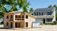Smart home technology concept with wooden house model featuring WiFi, energy and lightbulb icons against solar panel house background for eco-friendly living.