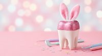 Dental care concept with white tooth wearing pink bunny ears and glitter hat on pastel background with toothbrushes for Easter holiday celebration.