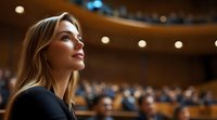 Young blonde woman listening attentively during conference presentation in modern auditorium with blurred audience background and warm lighting atmosphere.