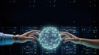 Two hands reaching toward glowing digital network sphere with connected nodes representing global connectivity, technology collaboration and data exchange.