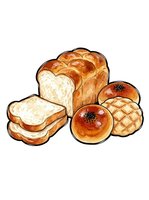 Assorted freshly baked bread loaf with sliced white bread, round rolls and waffle pastry isolated on white background for bakery, cafe and food design projects.