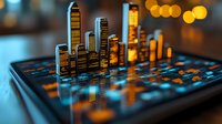 Futuristic cityscape hologram emerging from digital tablet with glowing orange bokeh lights and data visualization elements reflecting modern technology.