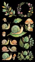 Botanical garden collection featuring snails, mushrooms, flowers, and foliage elements isolated on transparent background. Ready for t-shirt design, clipart, stickers, sublimation, and print-on-demand projects.