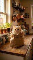 Fluffy white cat sitting in brown paper bag on wooden kitchen counter with hanging copper pans, potted plants, and warm sunlight from window.