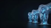 Glowing blue transparent ice structures with digital particles on dark background, suitable for technology and futuristic design projects.