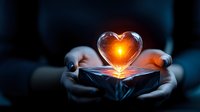 Glowing heart-shaped light emerges from open book pages held in hands against dark background, creating magical atmospheric scene for spirituality concepts.