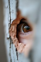 Brown eye peering through hole in cracked wall, close-up view showing detailed iris and eyelashes, creating mysterious surveillance or voyeuristic atmosphere.