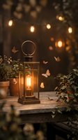 Vintage brass lantern glowing on wooden table with butterflies and string lights creating magical garden atmosphere for outdoor dining and events.