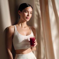 Young Asian woman in white athletic wear holding fresh beetroot smoothie near window with soft natural lighting and beige curtains creating peaceful morning atmosphere.