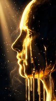 Glowing golden fire flames forming human face profile with dripping molten effect against dark background with sparkling particles for creative design.