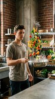 Young Caucasian male chef cooking with flying vegetables in industrial loft kitchen. Fresh produce floating above pan in rustic brick interior space.