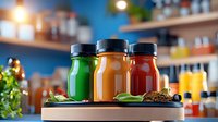Fresh colorful smoothies in glass bottles on wooden board, green, orange and red healthy drinks with natural ingredients against blurred cafe background.