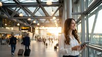 Young professional businesswoman using tablet computer in modern airport terminal with natural sunlight streaming through glass architecture.