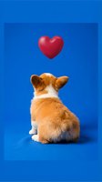 Adorable corgi puppy sitting on blue background looking up at floating red heart symbol expressing love and affection for Valentine's Day celebration.