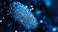Glowing digital fingerprint pattern with blue light particles and bokeh effects on dark background, representing biometric security and identity verification.