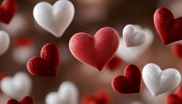 Red and white hearts floating on blurred brown background, romantic valentines day concept with soft focus effect and dreamy atmosphere for love themes.