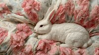 White rabbit surrounded by soft pink roses and delicate fabric creating dreamy romantic scene for spring decor and Easter celebrations.
