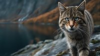 Intense gaze of wild tabby cat with green eyes against dramatic mountain lake backdrop, showcasing natural hunting instinct in wilderness setting.