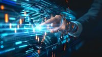 Futuristic financial technology concept with hand touching digital stock market data and glowing charts, perfect for fintech, trading and investment presentations.