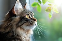 Maine Coon cat with yellow eyes gazing at green leaves through window. Long-haired gray tabby feline in soft natural lighting shows hunting instinct.