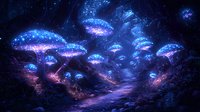 Magical glowing mushrooms illuminate dark forest path with ethereal blue and purple light, creating mystical fantasy woodland scene at night.