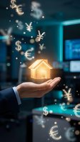 Businessman hand holding glowing house with floating currency symbols representing real estate investment and property financing opportunities.