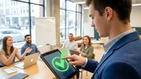 Young Caucasian businessman in blue suit presenting green checkmark on tablet to diverse team in modern office meeting room with large windows.