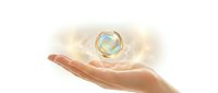 Open palm holding glowing Earth globe with golden light rays, symbolizing environmental protection, sustainability and global responsibility concept.
