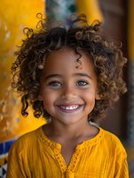 Young African American girl with curly hair wearing yellow top smiles brightly against vibrant background, radiating joy and innocence in natural lighting.