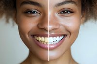Young mixed-race woman showing teeth whitening before and after comparison with bright smile and natural curly hair for dental care advertising.