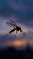 Silhouette of mosquito in flight against twilight sky with soft purple and orange gradient background, suitable for pest control, disease awareness, and nature photography.