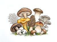 Variety of edible mushrooms including button, oyster, and morel types arranged on grass with white background, suitable for culinary, botanical, and food design projects.