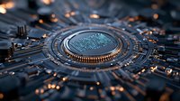 Futuristic circuit board with glowing orange lights and central processor chip in dark blue tones, macro photography showing intricate electronic details.