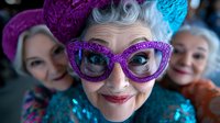 Senior Caucasian woman wearing bright purple glitter glasses and colorful feathered hat smiles joyfully at camera, expressing vitality and fun-loving spirit in later years.