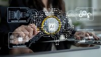 Businessman touching AI artificial intelligence circuit board interface with machine learning automation and data analytics icons.