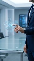 Professional businessman in navy suit interacting with holographic digital interface icons in modern office environment for business technology concepts.