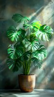 Monstera deliciosa plant with large split leaves in rustic copper pot against textured wall with dramatic sunlight creating natural shadows and highlights.