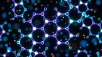 Glowing molecular structure network with hexagonal connections on dark background for scientific research and chemistry education presentations.