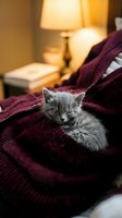 Gray kitten resting on burgundy knit blanket in cozy bedroom with warm lamp lighting and book on nightstand, conveying comfort and relaxation.