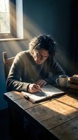 Middle-aged woman with dark hair writing in notebook at wooden desk by window with sunlight streaming through, coffee mug and books nearby, contemplative mood.