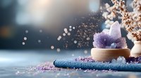 Raw amethyst crystal cluster in wooden bowl with dried flowers and glitter sparkles on blue textile, creating serene spa wellness atmosphere.