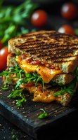 Grilled cheese sandwich with melted cheddar, fresh arugula and cherry tomatoes on rustic wooden board. Golden-brown toasted bread with gooey cheese dripping down sides.