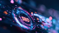 Futuristic SEO digital marketing concept with glowing neon circle and technology elements on dark background with bokeh light effects.