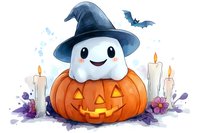Cute ghost wearing witch hat sitting on carved pumpkin with glowing face, surrounded by lit candles and flying bat in watercolor style for Halloween decor.